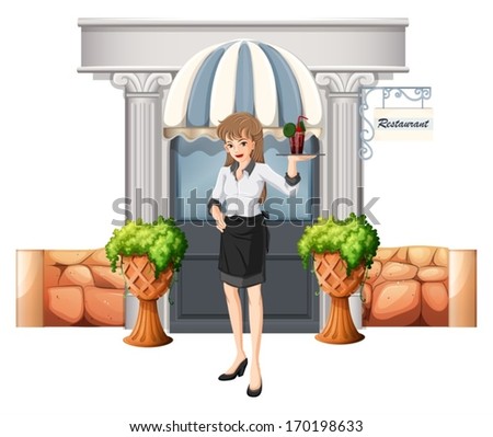 Illustration of a waitress holding a tray in front of the restaurant on a white background