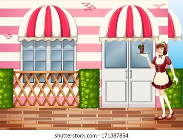 Illustration of a waitress near the entrance door of the hospital