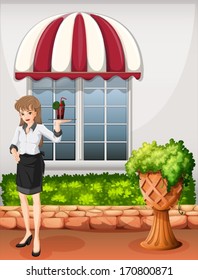 Illustration of a waitress outside the restaurant carrying a  tray