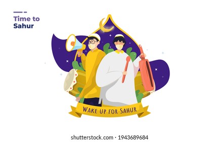 Illustration of wake up call for Sahur Ramadan or eat early before fasting, Time for Sahur illustration concept