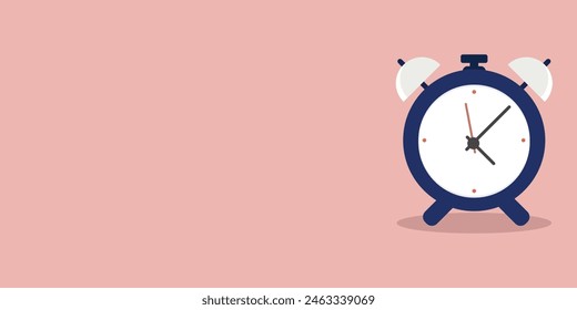 Illustration of wake up clock in dark blue on coral background with empty space