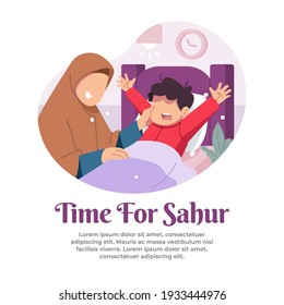 illustration of waking up a child for sahur in the month of ramadan 