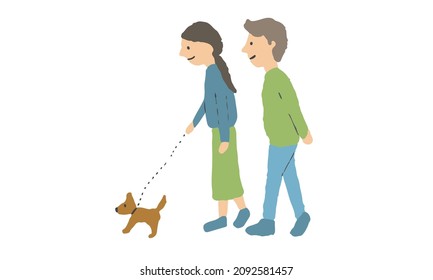 Illustration of walking asian couple with dog.