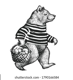 Illustration of the walking bear side view. Bear wearing t-shirt with the basket full of mushrooms