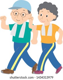 Illustration of walking elderly couple 