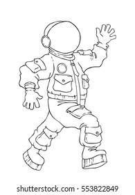 Illustration of a walking and greeting the astronaut in space suit and mask.