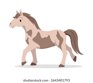 Illustration of a Walking Horse with Brown Spots in Cartoon Style on White Background