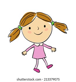 Illustration of walking little girl in a pink dress on the white background