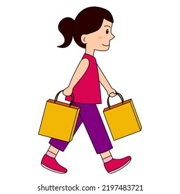Illustration of Walking Shopping Girl Side View