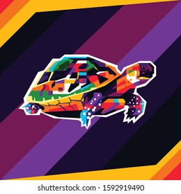 
illustration of a walking turtle, in a pop art design vector wpap with a purple background