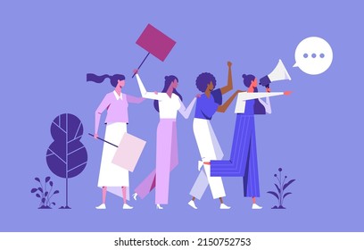 illustration of walking women with loud speaker and fighting for their rights, equality, against violence, discrimination in the workplace, people holding placard or banners