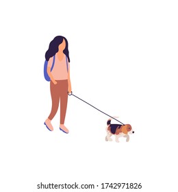 Illustration of walking young woman with dog. Street style.
Vector illustration in a flat style