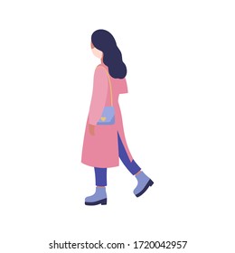 Illustration of walking young woman in medical mask. Street style.
Vector illustration in a flat style