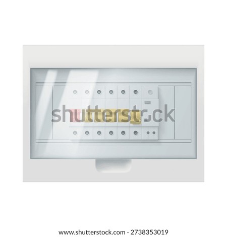 Illustration of a wall fuse box with circuit breakers under a transparent cover, used to control the electrical power in a house or apartment.