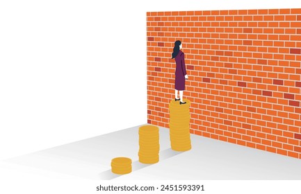 Illustration of wall of income, woman standing on money and high wall, vector