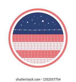 Illustration of a wall made of red and white tiles arranged in red and white stripes with barbed wire and blue sky in circle, for logos,badges or various designes