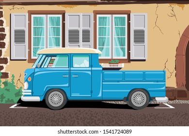 Illustration of a wall outside an old house with old windows and classic truck cars