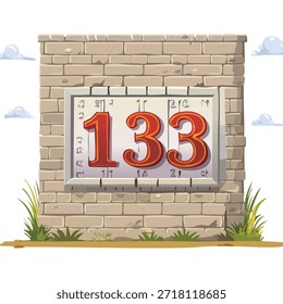 Ilustración de una placa de pared con el número 133 en un marco decorativo, sobre un fondo de ladrillo. El diseño incorpora Elementos ornamentados y varios colores.