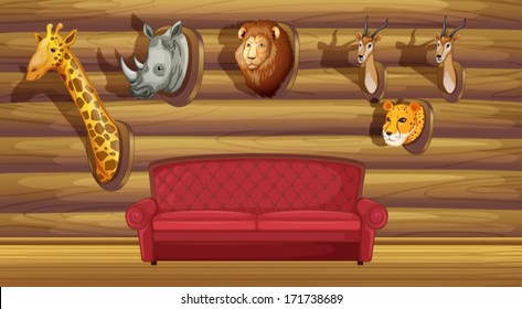 Ilustración de una pared con decoración de cabeza rellena