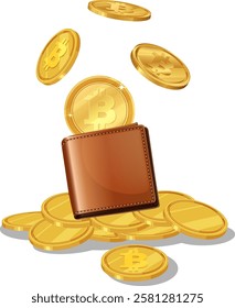 Illustration of a wallet with Bitcoin coins