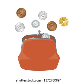 Illustration of wallet and Japanese yen (coin), image of less money. lack of money