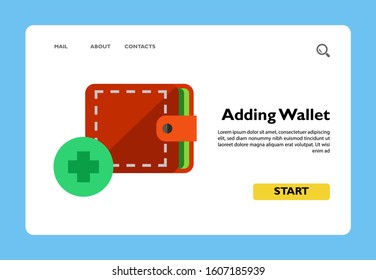 Illustration of wallet and plus sign. Adding wallet, shopping online, payment. E-commerce concept. Can be used for topics like e-commerce, shopping online, Internet, payment