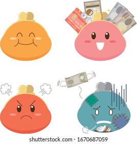 Illustration of wallet with various expressions
