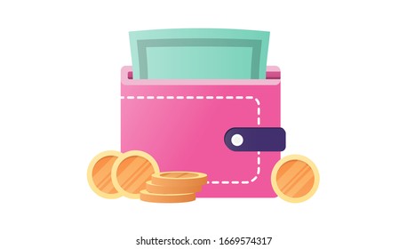 Illustration von Geldbörsen, Banknoten und Münzen. Konzept der Geldspeicherung, E-Wallet, Online-Speicherung. Moderne Vektorillustration Illustration.