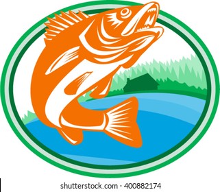 Illustration of a Walleye (Sander vitreus, formerly Stizostedion vitreum), a freshwater perciform fish  with lake and cabin in the woods in the background set inside oval shape done in retro style. 
