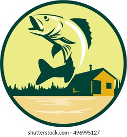 Illustration of a Walleye (Sander vitreus, formerly Stizostedion vitreum), a freshwater perciform fish jumping with lake and cabin in the woods in the background set inside circle done in retro style
