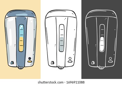 Ilustración de un recipiente de pared para jabón líquido. Tres opciones de color.