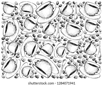 Illustration Wallpaper Background of Hand Drawn Sketch of Cups of Coffee with Roasted Coffee Bean Isolated on White Background.