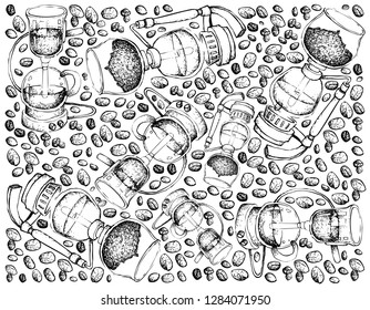 Illustration Wallpaper Background of Hand Drawn Sketch of Vacuum Coffee Maker or Syphon Coffeemaker Isolated on White Background. An Appliance Used to Brew Coffee.
