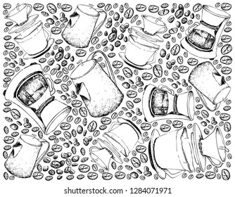 Illustration Wallpaper Background of Hand Drawn Sketch of Coffee Beans with Drip Coffeemakers and Pots Isolated on White Background. An Appliance Used to Brew Coffee