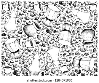 Illustration Wallpaper Background of Hand Drawn Sketch of Coffee Beans with Moka Pot, Cezve or Turkish Coffee Pot and Dallah. A Traditional Coffeemaker.