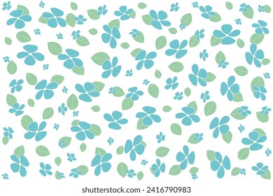 Illustration wallpaper of blue hydrangea flower with leaves on white background.