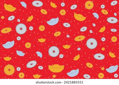 Illustration wallpaper, The gold and silver lucky coin with white dot on red background.