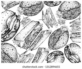 Illustration Wallpaper of Hand Drawn Sketch of Various Delicious Hamburgers and Sandwiches Isolated on White Background.