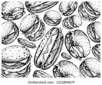 Illustration Wallpaper of Hand Drawn Sketch of Delicious Hamburgers and Hot Dogs Isolated on White Background.