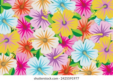 Illustration wallpaper of Multi color the hibisscus flower with leaves on green background.