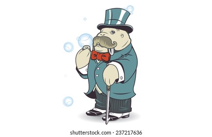 An illustration of a walrus blowing bubble from a pipe. He is dressed in a top hat coat and tails./Walrus/Walrus
