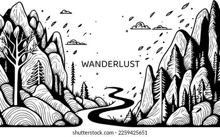 illustration of wanderlust. Beautiful mountains roads and natural background