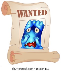 Illustration of a wanted blue monster in a poster on a white background