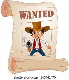 Illustration of a wanted cowboy holding a gun at the poster on a white background