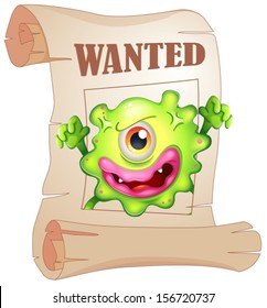 Illustration of a wanted one-eyed monster in a poster on a white background