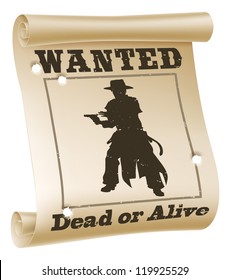 An illustration of a wanted poster with text Ã?Â¢??wanted dead or aliveÃ?Â¢?Ã?Â�, cowboy silhouette and bullet holes