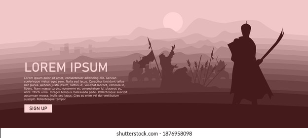 Illustration of war in the desert. Shown a man with a blade on his right arm winning the battle during the desert war.