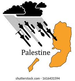 Illustration of the war in Palestine, a thunderous black cloud is approaching the country of Palestine. It begins to rain and attack rockets and cannon shells. White neutral background. Stop war.