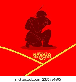 Illustration of a war soldier sending a code with his radio, with bold text and yellow lines on red background to commemorate Navajo Code Talkers Day on August 14