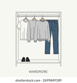 Illustration of a wardrobe with clothes hanging inside, including a t-shirt, sweater, and jeans, with shoes on the shelf.